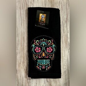 Curious by Cynthia Rowley Black Kitchen Towels with Colorful Skull Embroidery